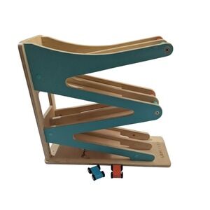 Lovevery Wooden Race Track Zig-Zag Car Ramp Toddler Toy with 2 Cars Teal Natural